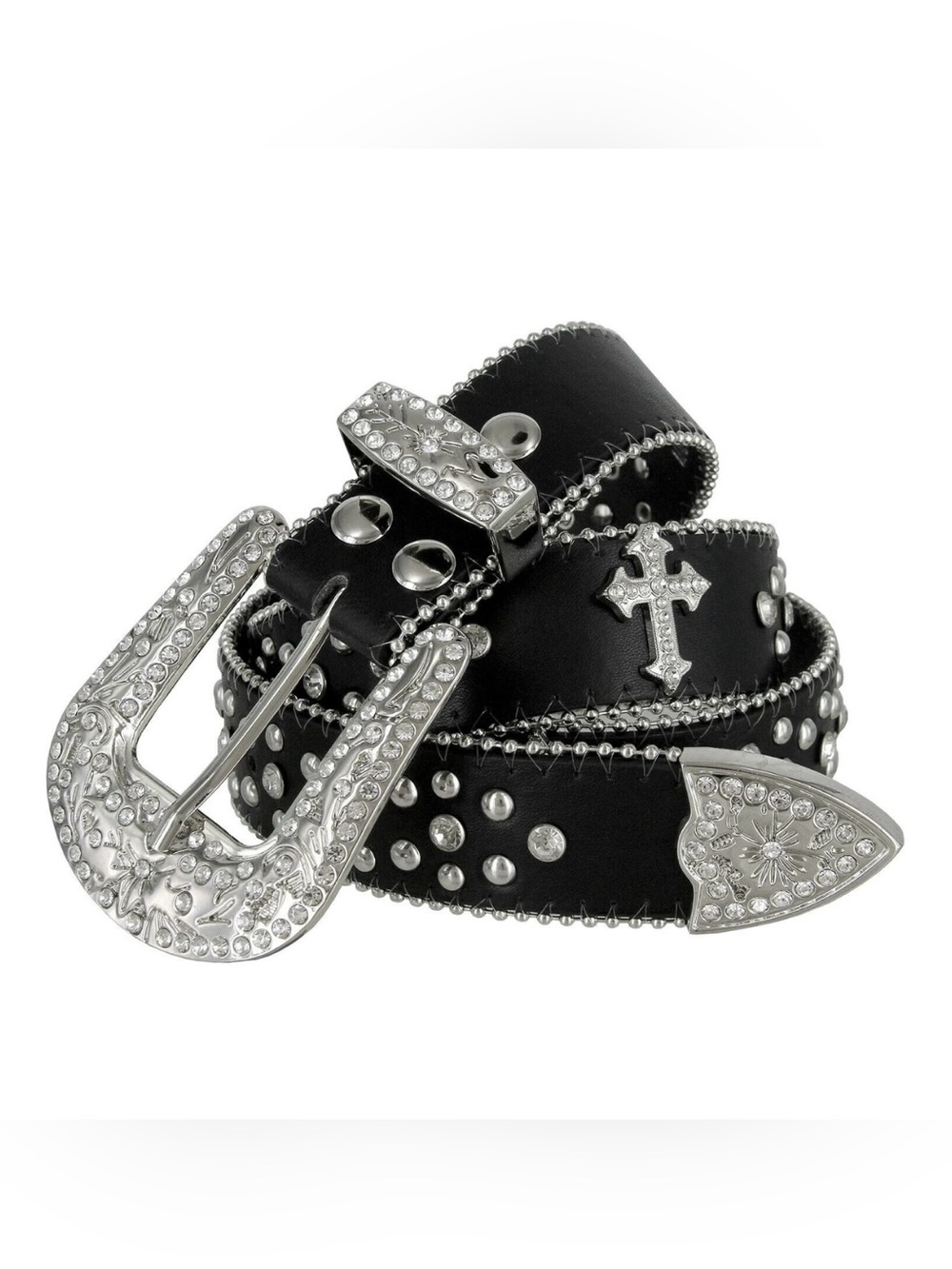 Western Black Leather Belt with Crystal Studded Rhinestones, Engraved Buckke